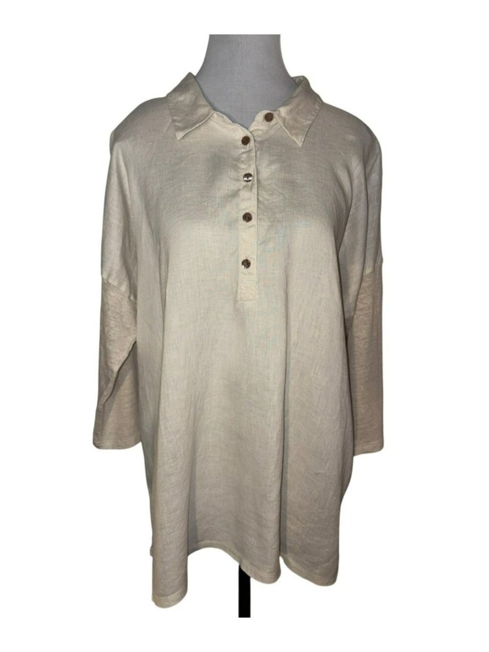 J.Jill Love Linen Tan/Cream Popover Tunic Top With 3/4 Sleeves Size L